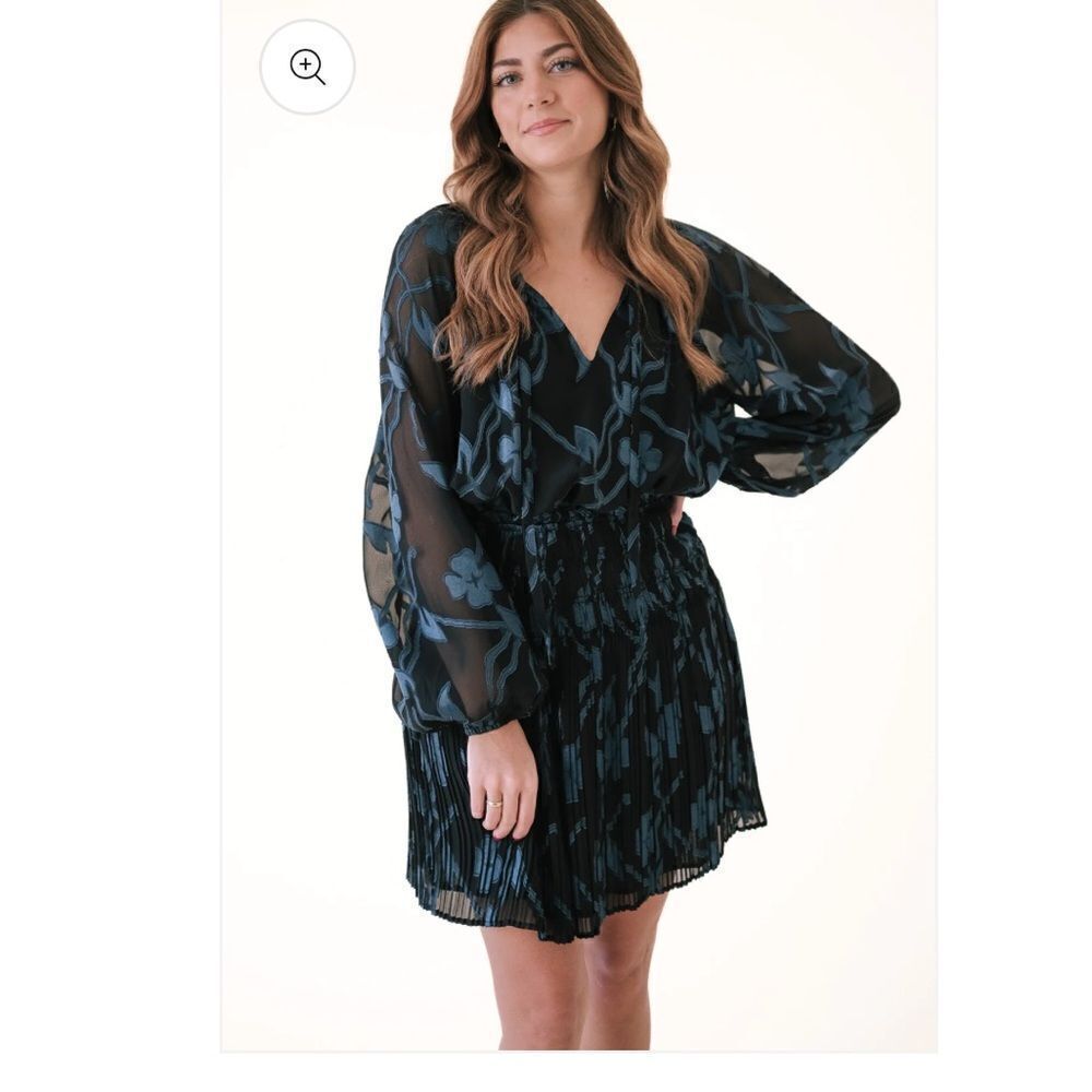 Current Air Hallie Black Teal Floral Jacquard Balloon Sleeve Mini Dress Sz S